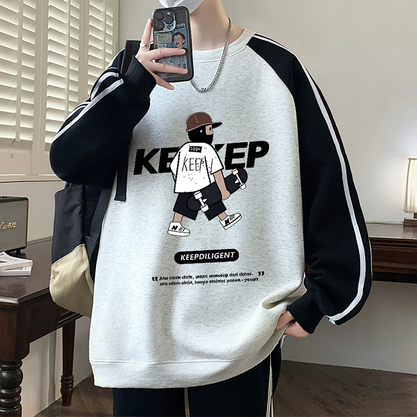 初中高中学生卫衣男青少年2025新款春秋季美式拼接长袖t恤男