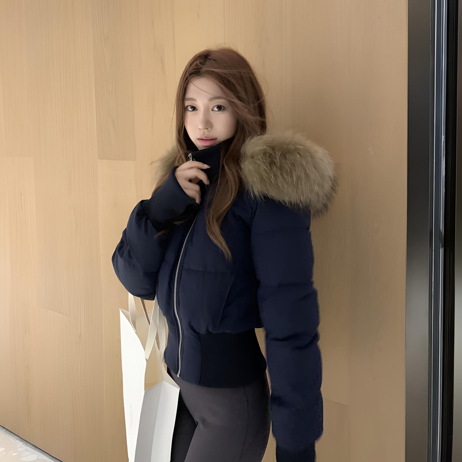 韩系穿搭收腰连帽棉服女2025年冬季新款时尚百搭加厚毛领棉服外套