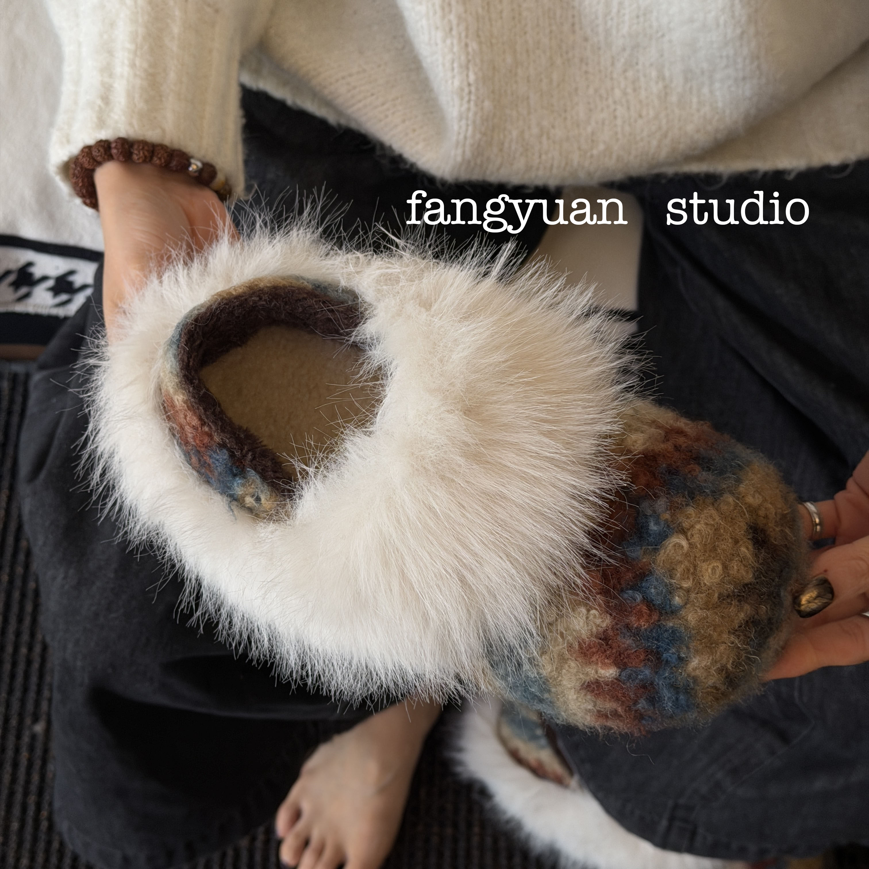 斯拉夫美学极简风拼色秋冬休闲风毛毛鞋口两穿包头款保暖棉鞋