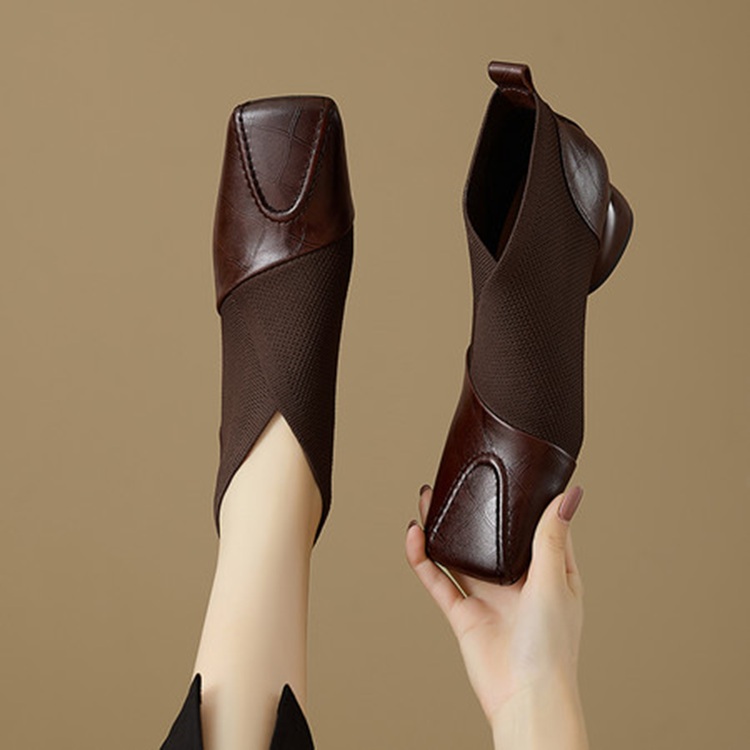 巨好穿法式深口单鞋女春秋方头中跟粗跟毛线口弹力及踝靴