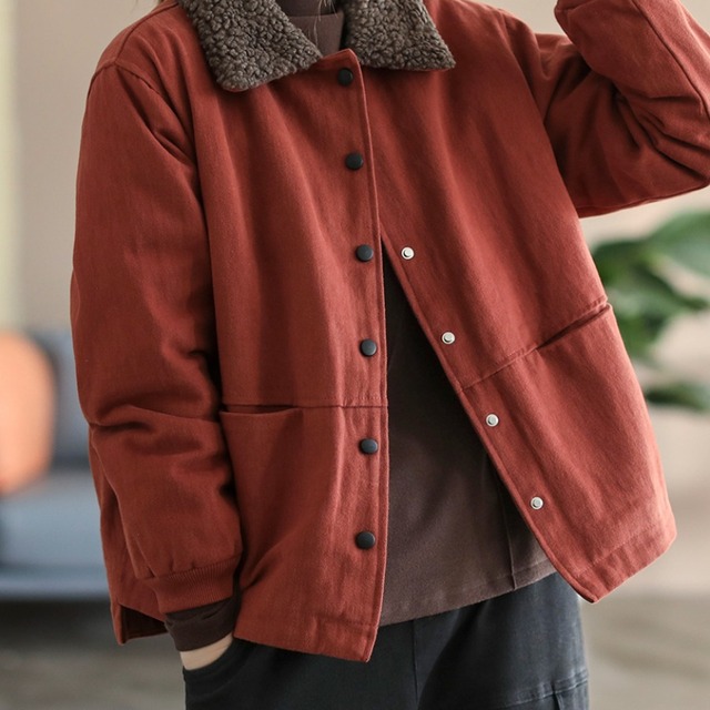 文艺覆古棉质色棉衣冬季新款加绒加厚保暖短款棉袄外套女装