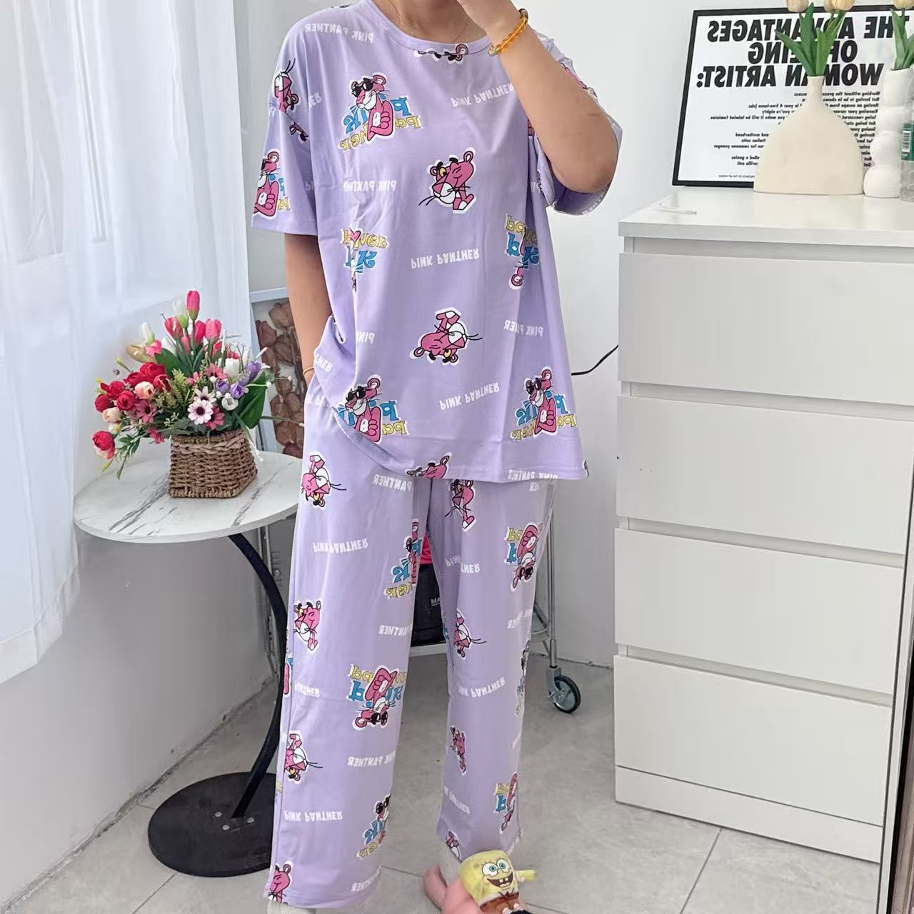 25新款长裤睡衣短袖女秋季透气卡通夏季印花圆领休闲女士家居服