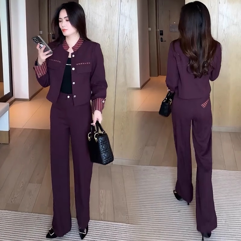 时尚套装女2025秋季新款洋气减龄显瘦条纹拼接西装外套阔腿裤套装