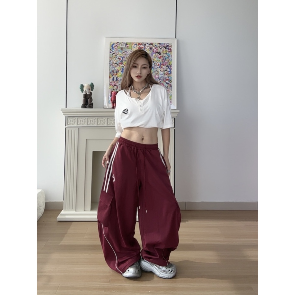 【达人专属】CV新广场舞潮牌赛道双杠撞色长裤夏季宽松韩版百搭休闲