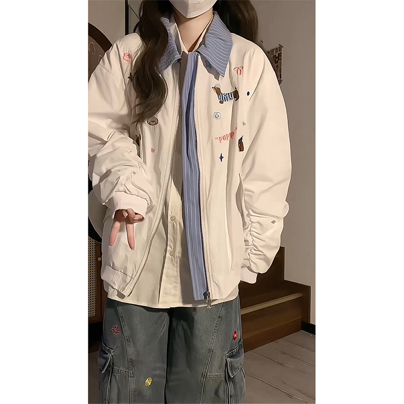 美式假两件腊肠狗刺绣夹克女春秋新款韩系宽松学院风冲锋衣外套女