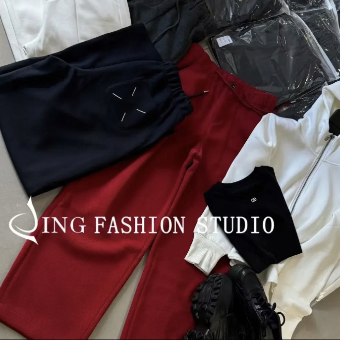 JING2025冬季新款58801抽绳高腰直筒裤宽松休闲长裤拉绒保暖女裤