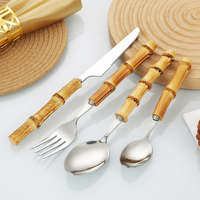 竹节木柄不锈钢刀叉勺餐具中式创意西餐酒店牛排刀叉甜品勺子套装