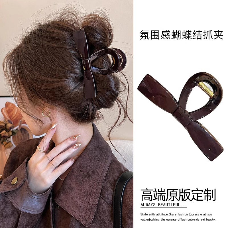 秋冬棕色抓夹女2024新款高级感蝴蝶结发夹后脑勺发量少鲨鱼夹头饰