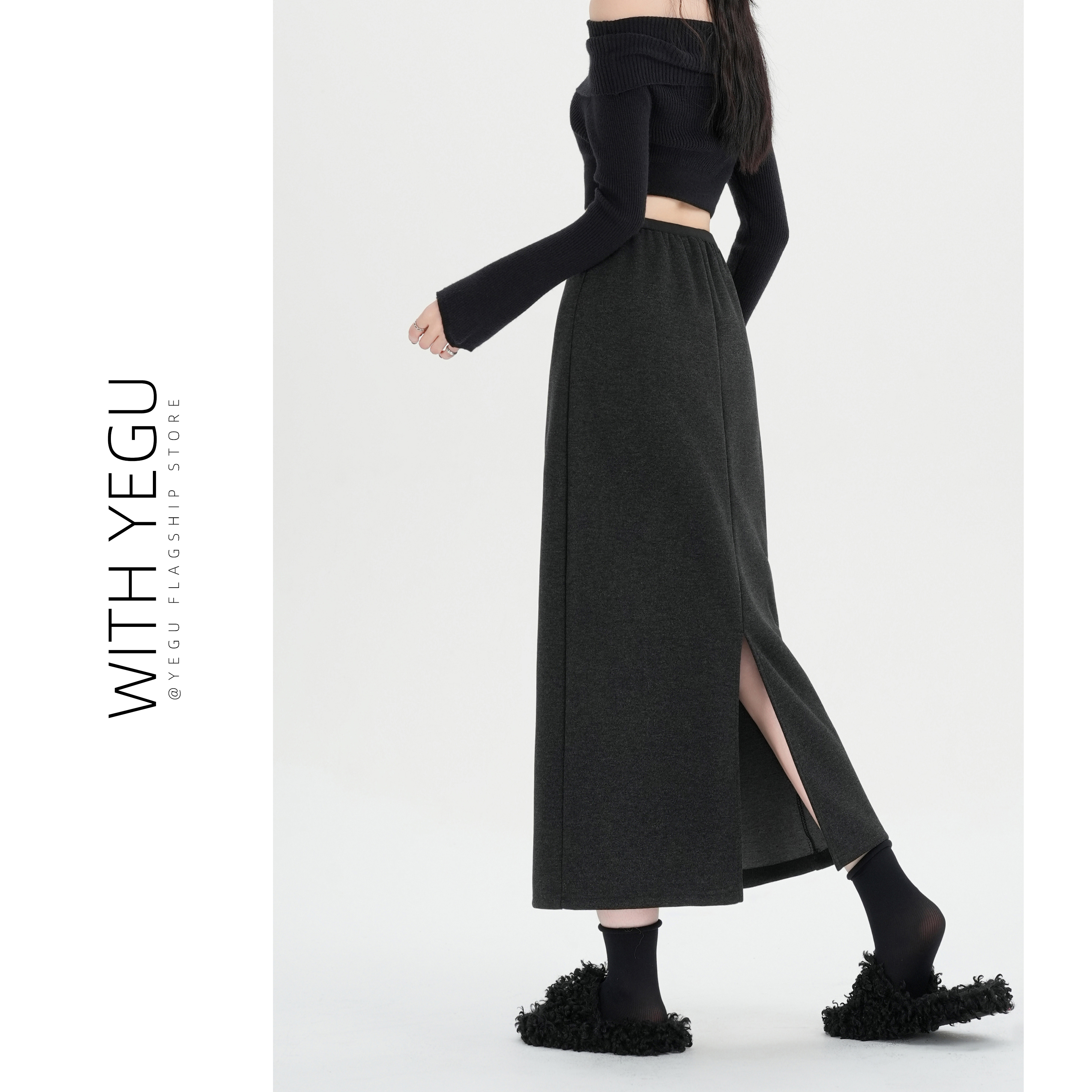 复古深灰色后开叉半身裙女秋冬季显瘦中长裙小个子加厚高腰毛呢裙