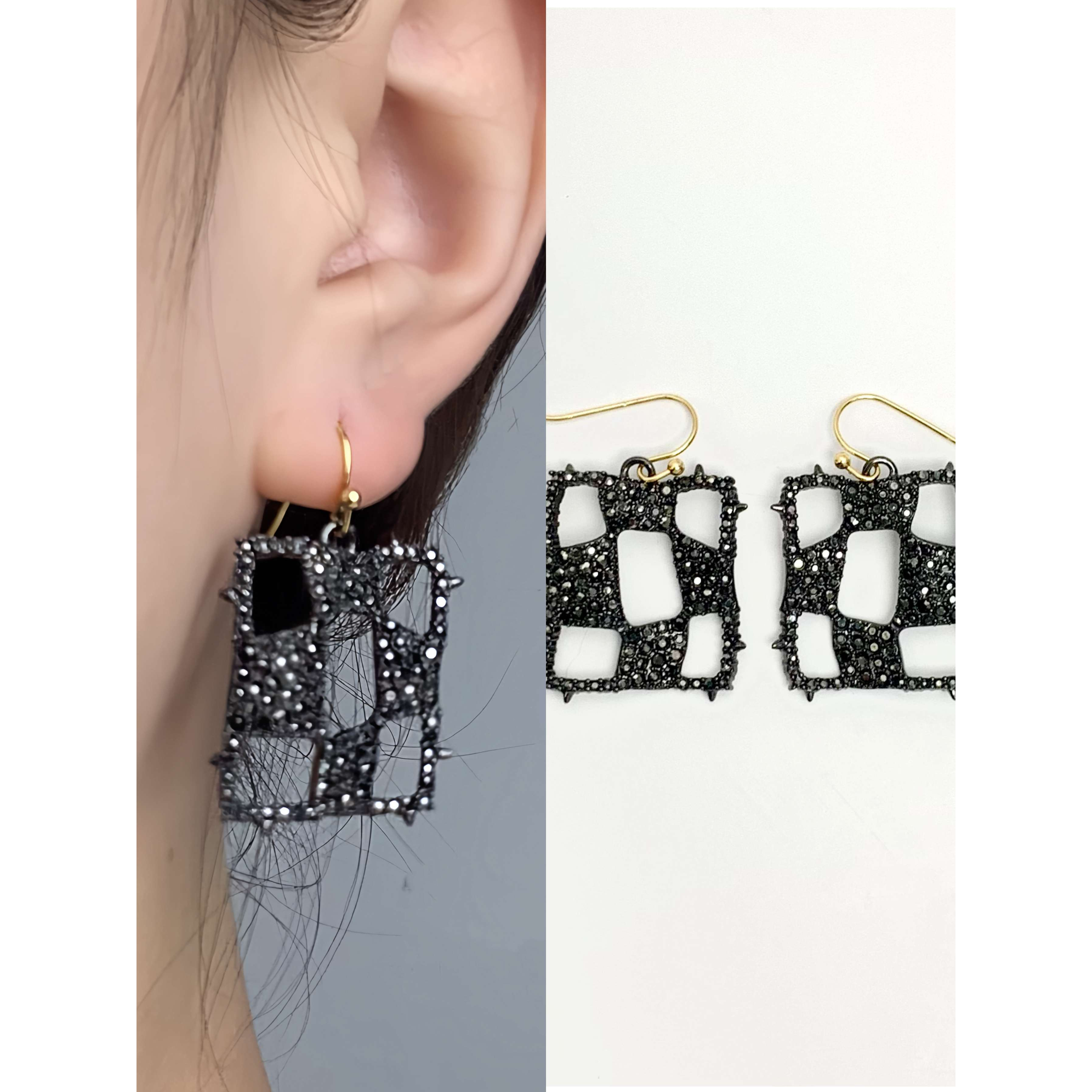 合金合成锆石耳饰 复古小众设计高级感满钻棋盘格镂空挂钩耳环百