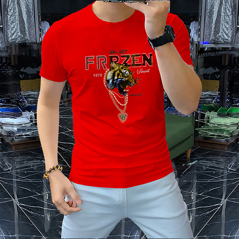源头工厂欧货2024短袖男士修身丝光棉半袖老虎头烫钻T恤