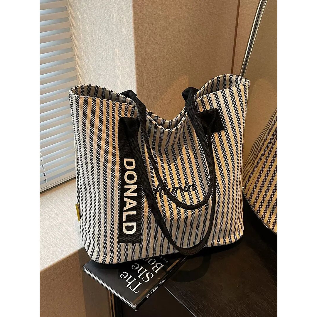 条纹大容量帆布包包女2025新款时尚手提单肩购物袋休闲通勤托特包