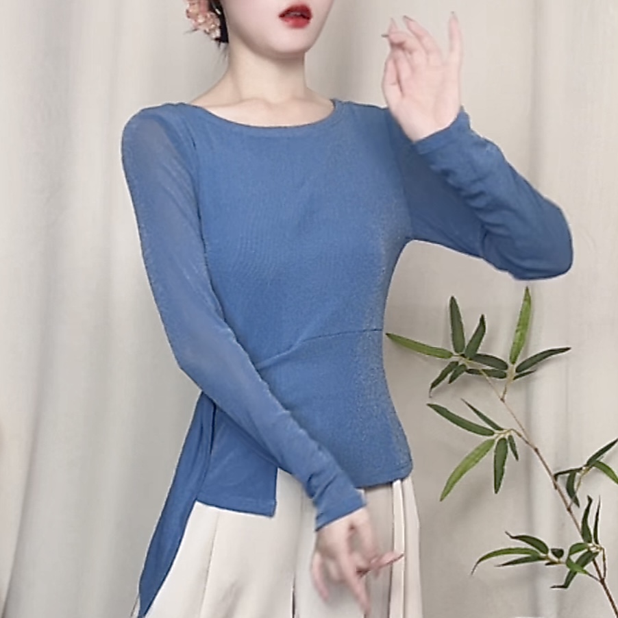 菲梵舞后新款舞蹈练功服收腰遮肚女上衣圆领长袖弹力网纱舞蹈服