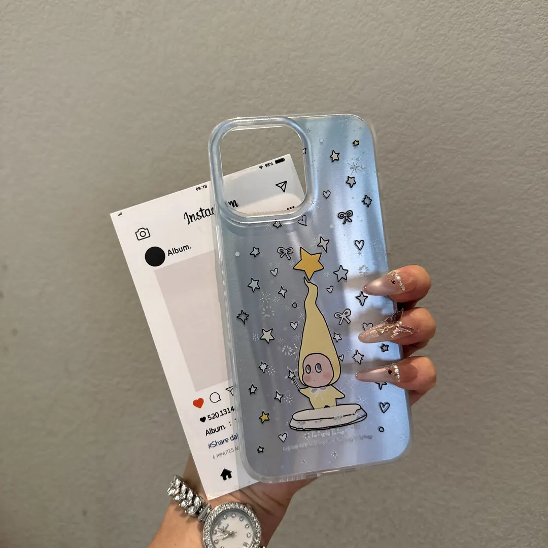 镭射晕染蓝星星小人适用苹果16promax手机壳iPhone15可爱14全包