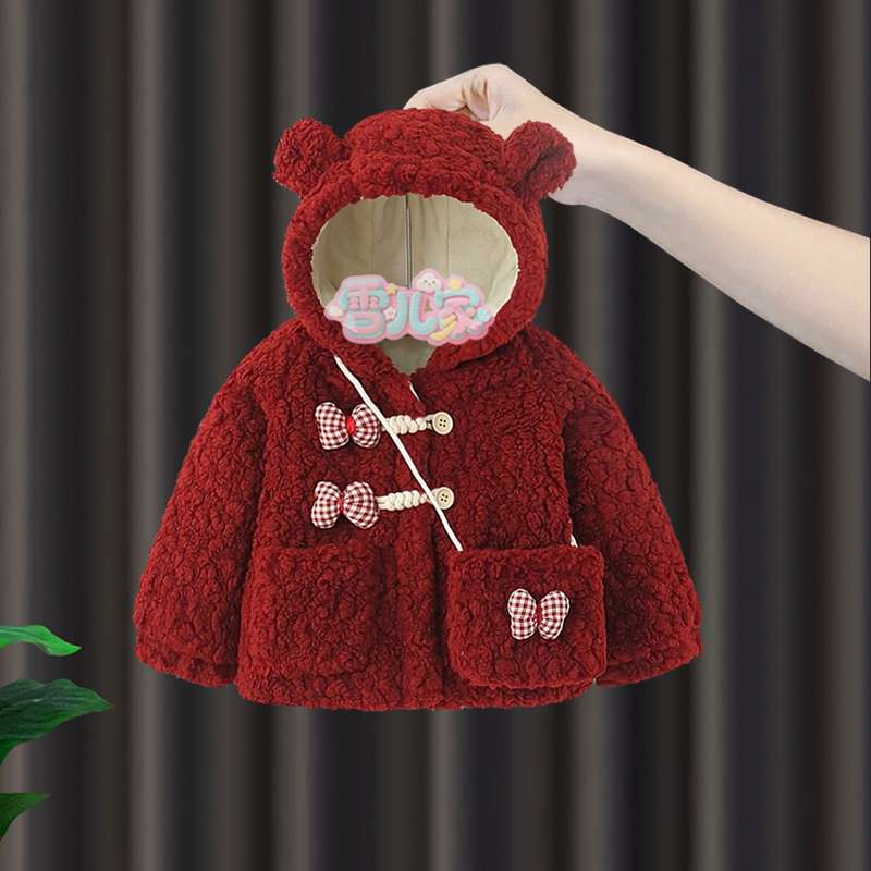 巴拉扣扣宝宝冬季棉服女童冬装加绒棉袄1婴儿小挎包羊羔绒外套2蝴