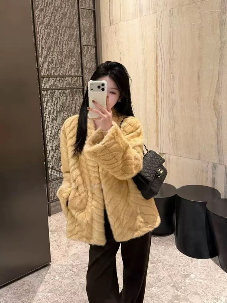 仿水貂毛绒皮草外套女宽松中长款V领金叶貂冬季韩版大衣