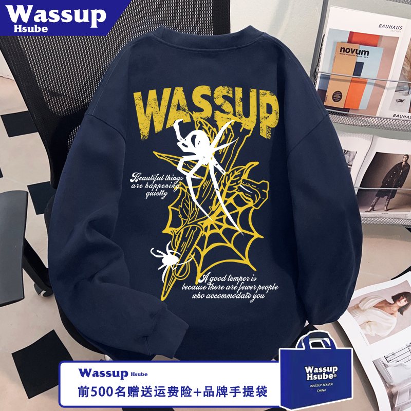 WASSUP HSUBE秋季街头风藏青上衣蜘蛛印花T恤ins100%棉男女款长袖