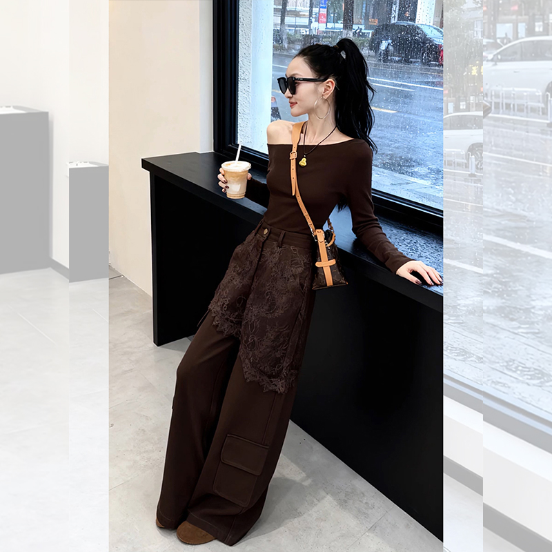 秋冬穿搭一整套清冷系禅意网红炸街咖色长袖T恤阔腿裤两件套装女