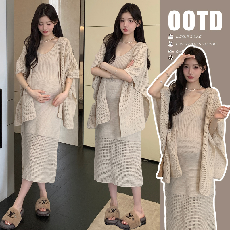 孕妇装秋季2025新款针织显瘦背心裙时尚宽松披肩开衫法式韩版套装
