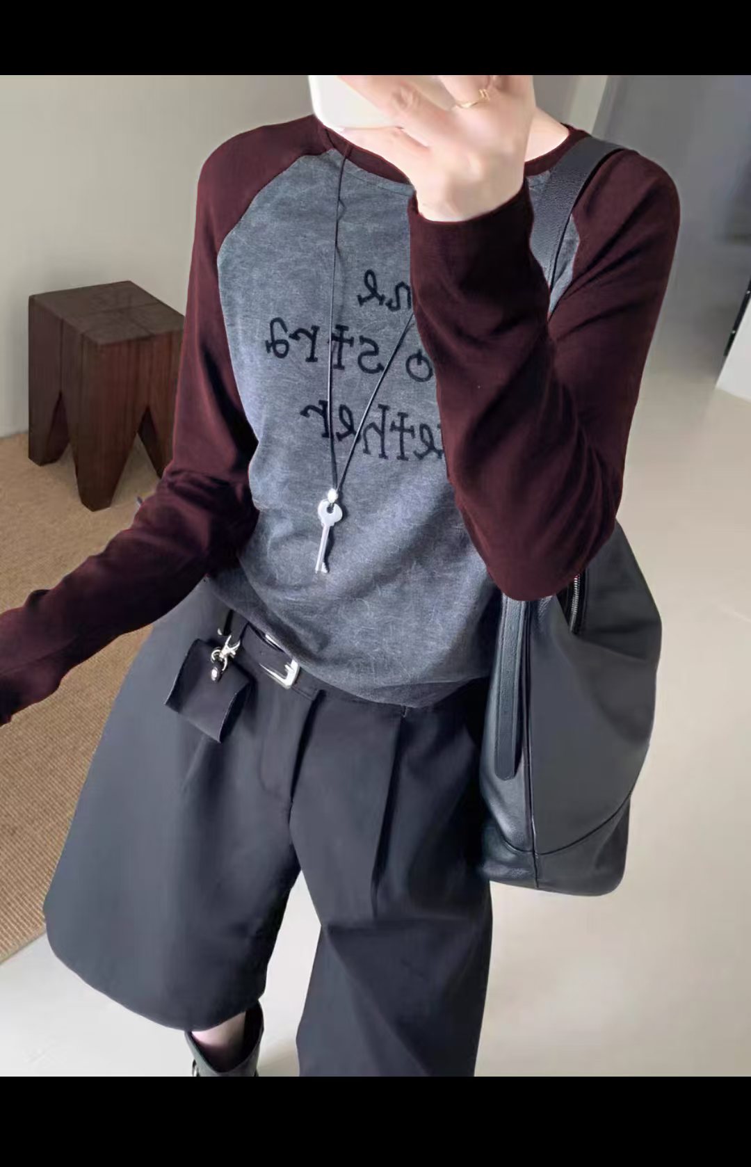 2025秋冬薄款拼色插肩长袖圆领修身上衣基础款打底衫春