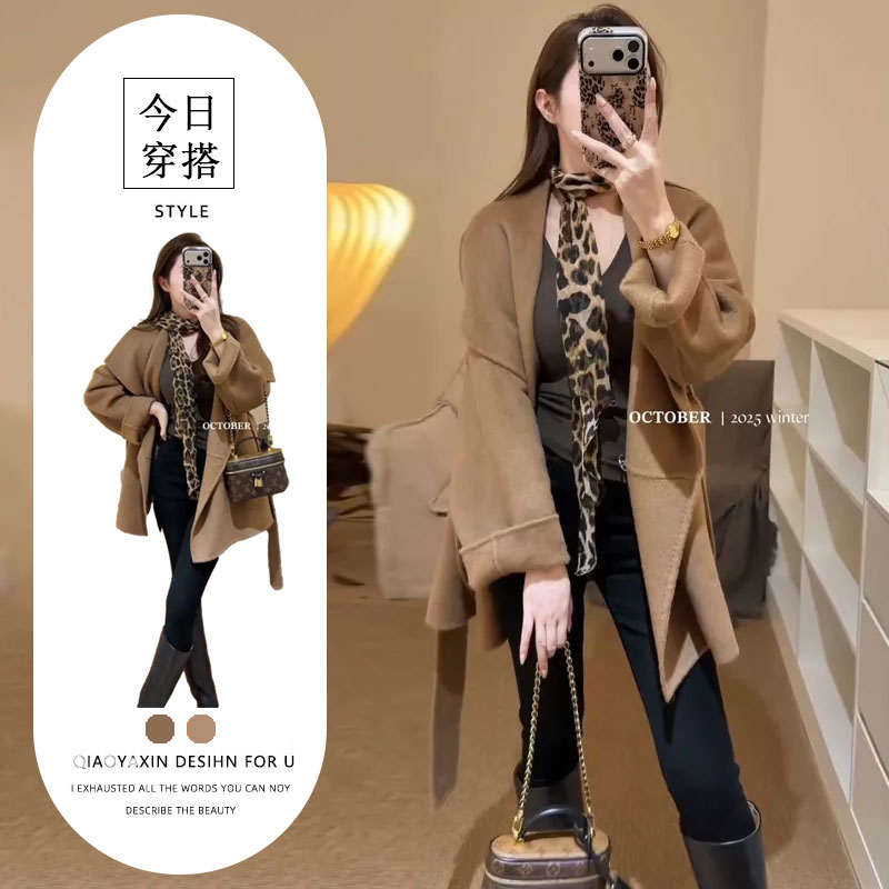 韩系高级感卡其色毛呢外套女2025秋冬新款小个子收腰短款英伦上衣