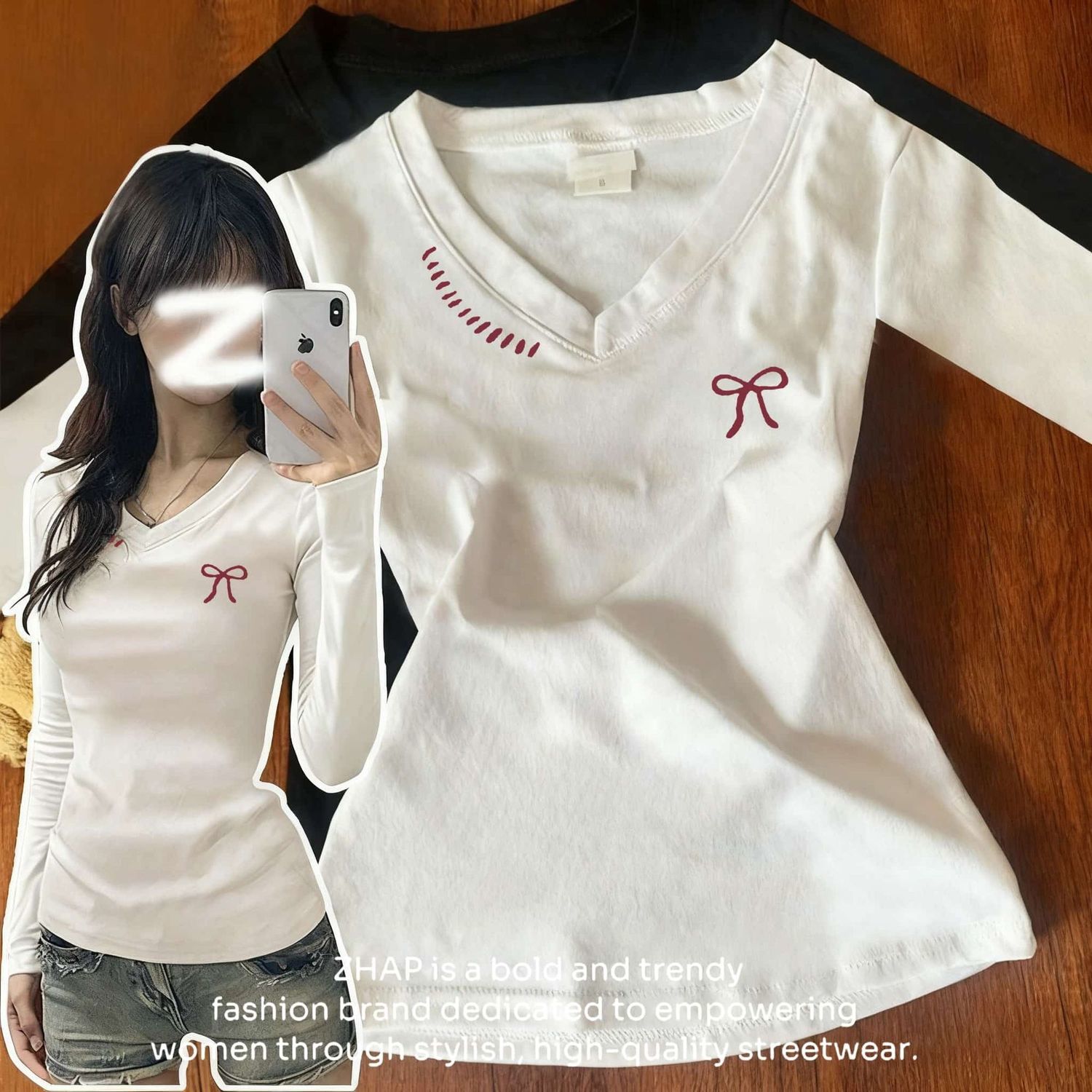 【ZHAP】V领t恤女早秋款白色通勤修身显瘦多巴胺穿搭上衣潮双11好物