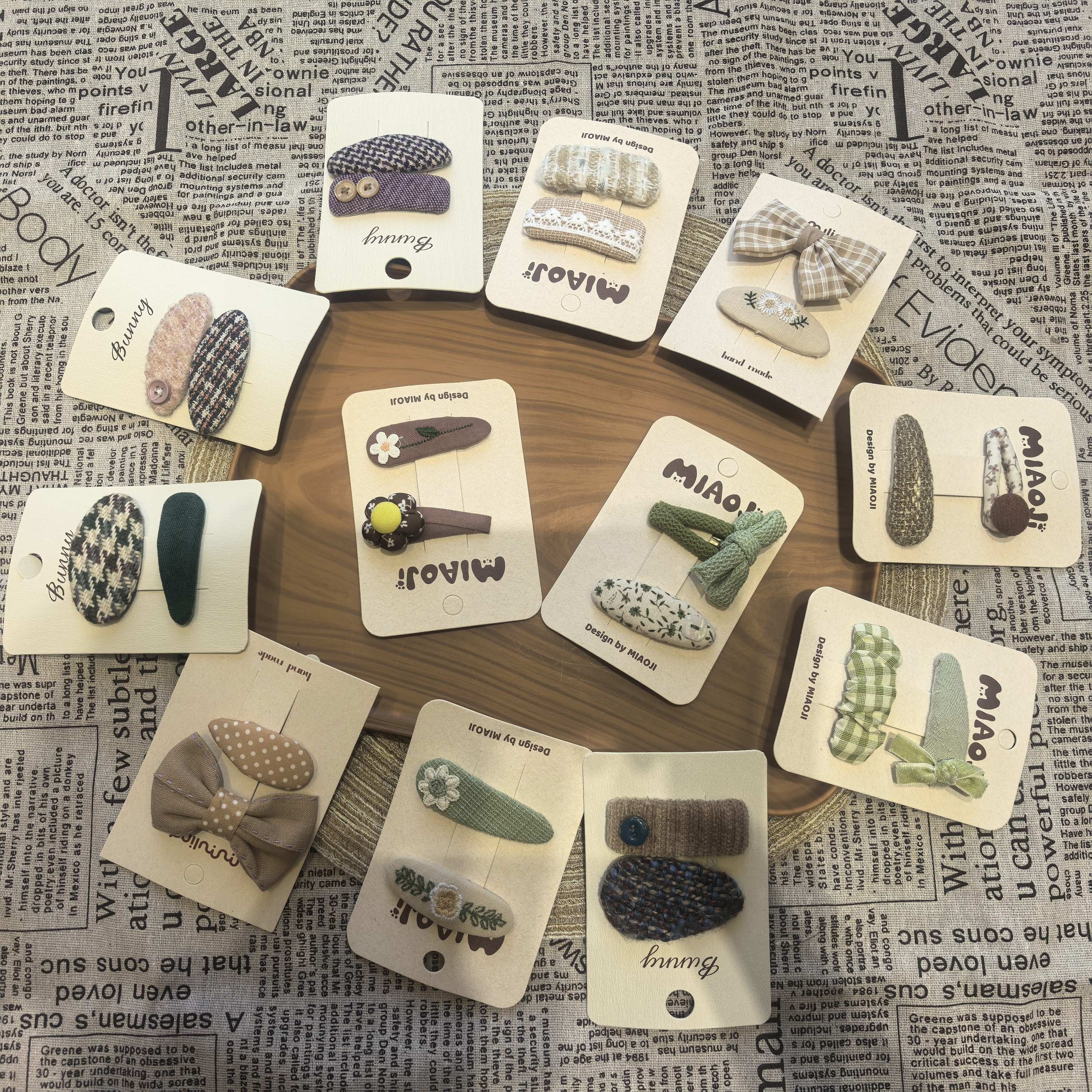 新款儿童几何BB发夹复古碎花纽扣刘海边夹