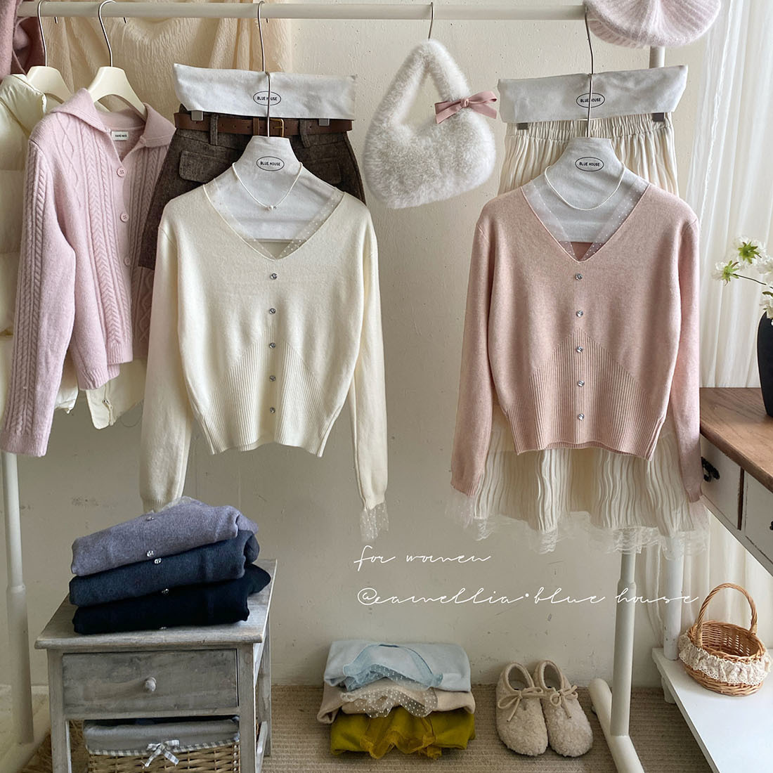 温暖米白奶雾粉蕾丝拼接假两件针织衫女秋冬大衣内搭超美打底上衣