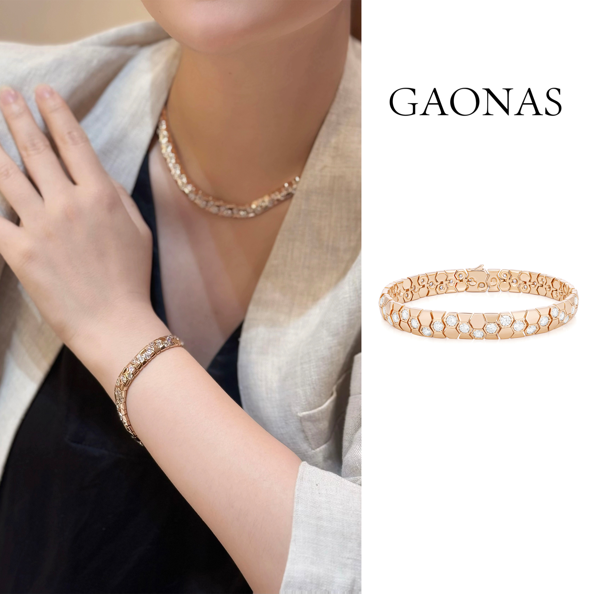 GAONAS 镀K金合成锆石手链  柏林热吻 金色蜂巢设计手链11419SGO