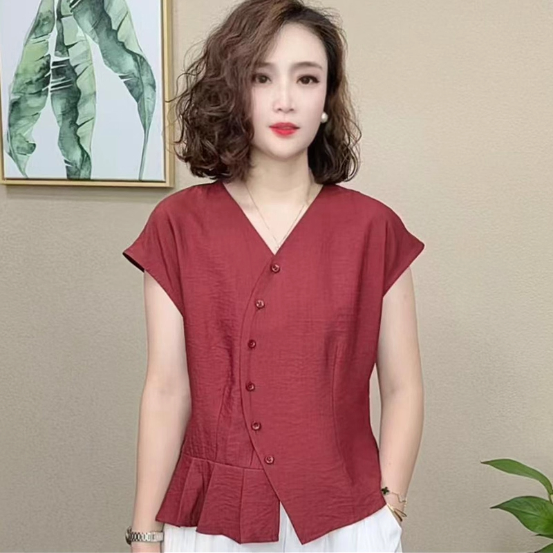 时尚V领不规则显瘦短款衬衫女夏季新款小个子洋气质短袖衬衣小衫