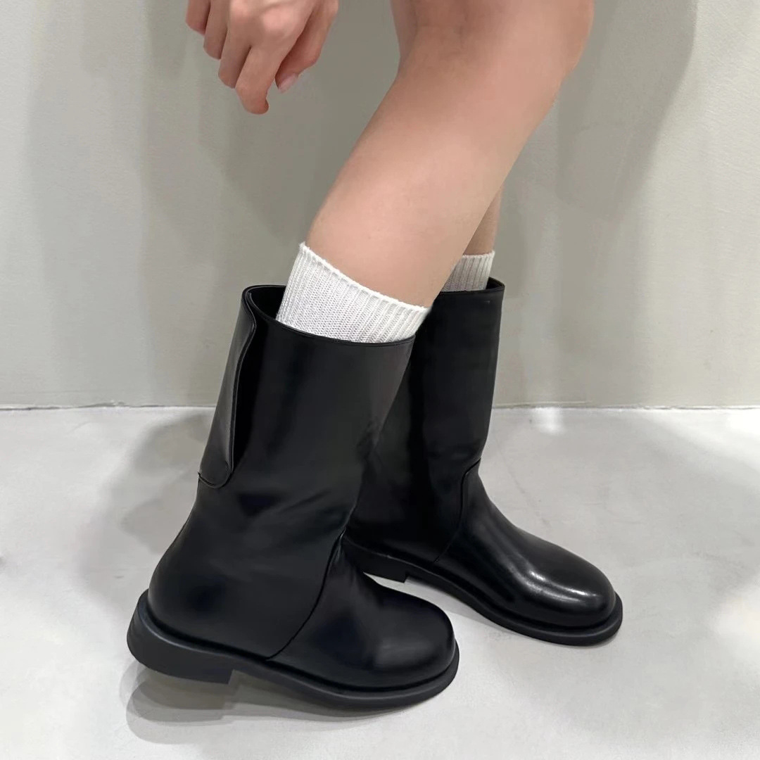 韩国靴真皮圆头小众中筒靴女粗跟骑士靴2025年秋冬显瘦棕色马丁靴