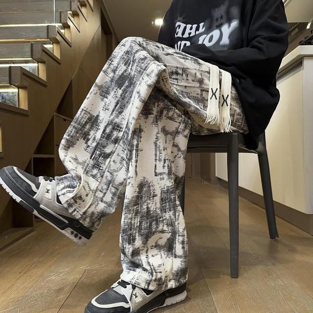 春季美式高街休闲裤子男扎染水墨画宽松潮牌垂感直筒潮流百搭长裤