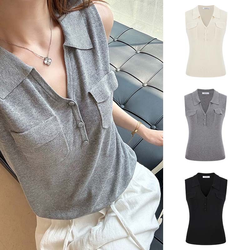 Moses Queen/魔西女王拼接V领无袖设计感针织衫翻领通勤气质上衣