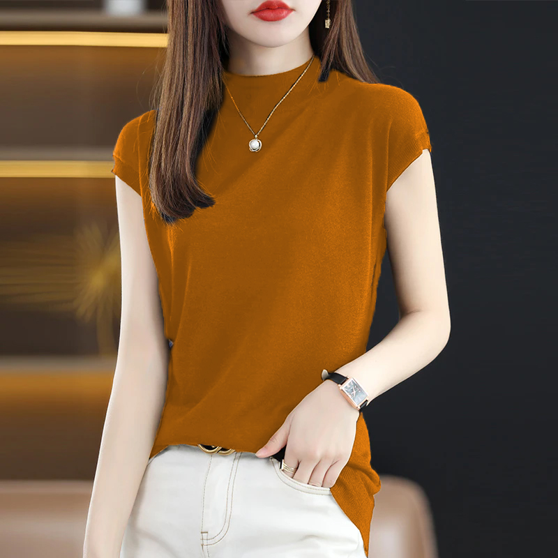 冰丝针织衫女2025新款宽松显瘦黄色半高领背心打底衫高级感T恤衫