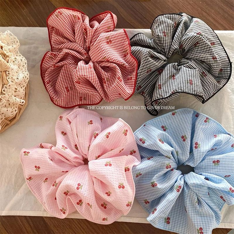 新款樱桃彩色格子大肠发圈蓝红黑粉色甜美时尚质感头饰扎头发发饰