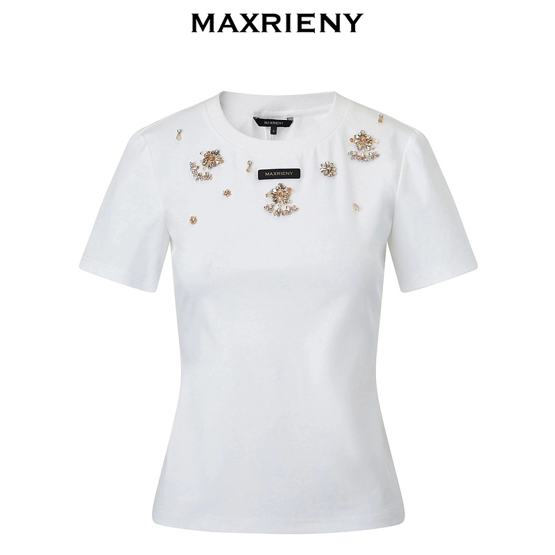 MAXRIENY优雅复古感卡拉工艺钉钻装饰T打底衫