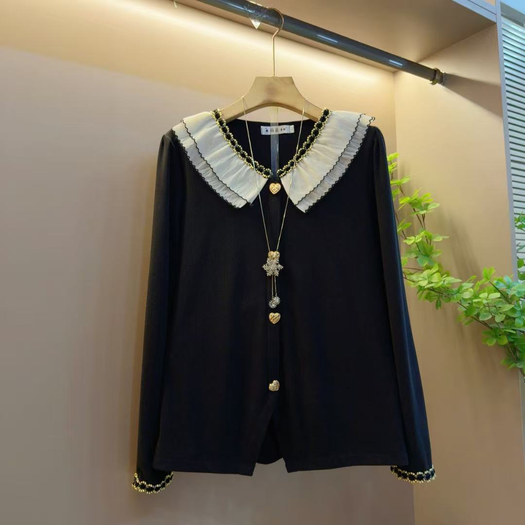 秋季洋气时尚新款百搭花边重工领针织宽松休闲上衣（长62左右）