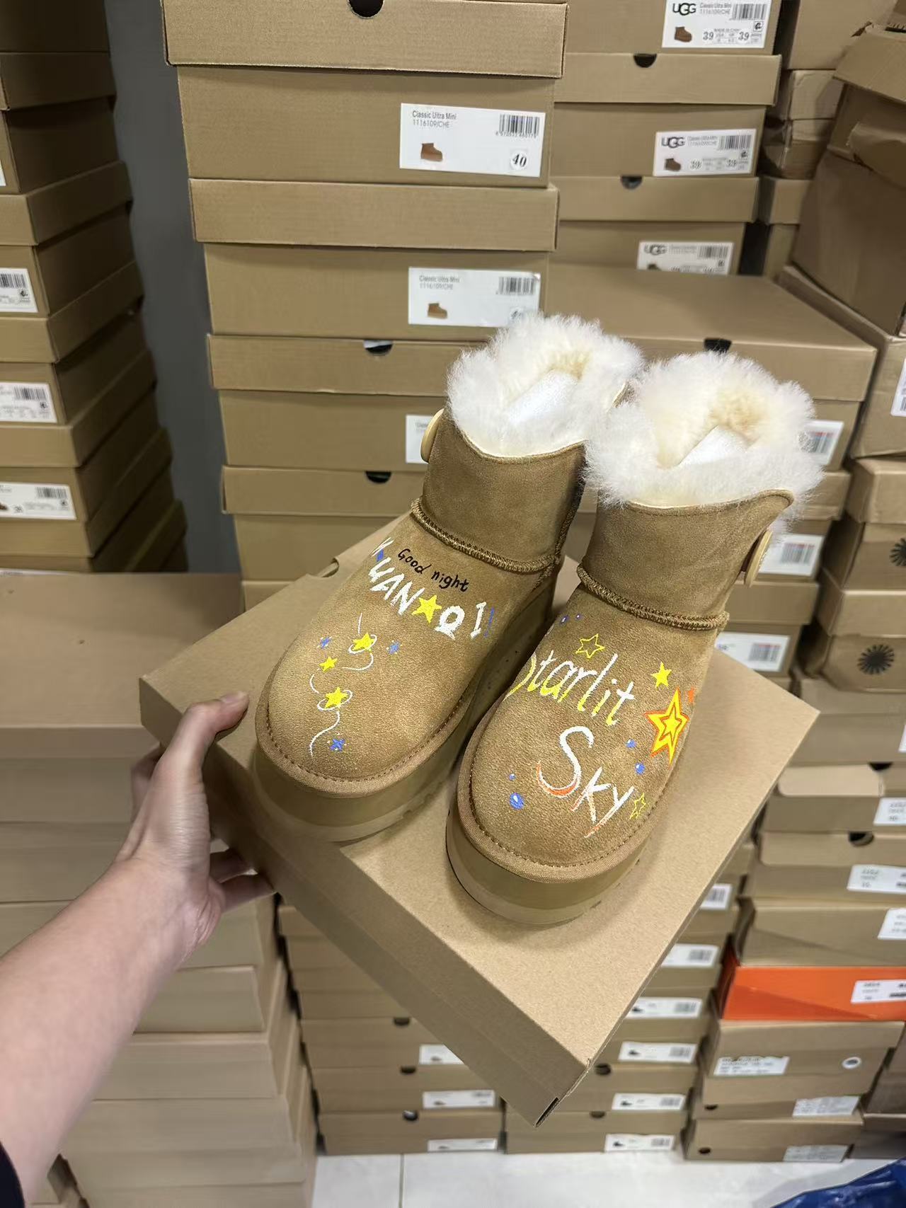 冬季新款韩版原创手绘AB款中筒原皮原毛雪地靴厚底保暖个性潮鞋