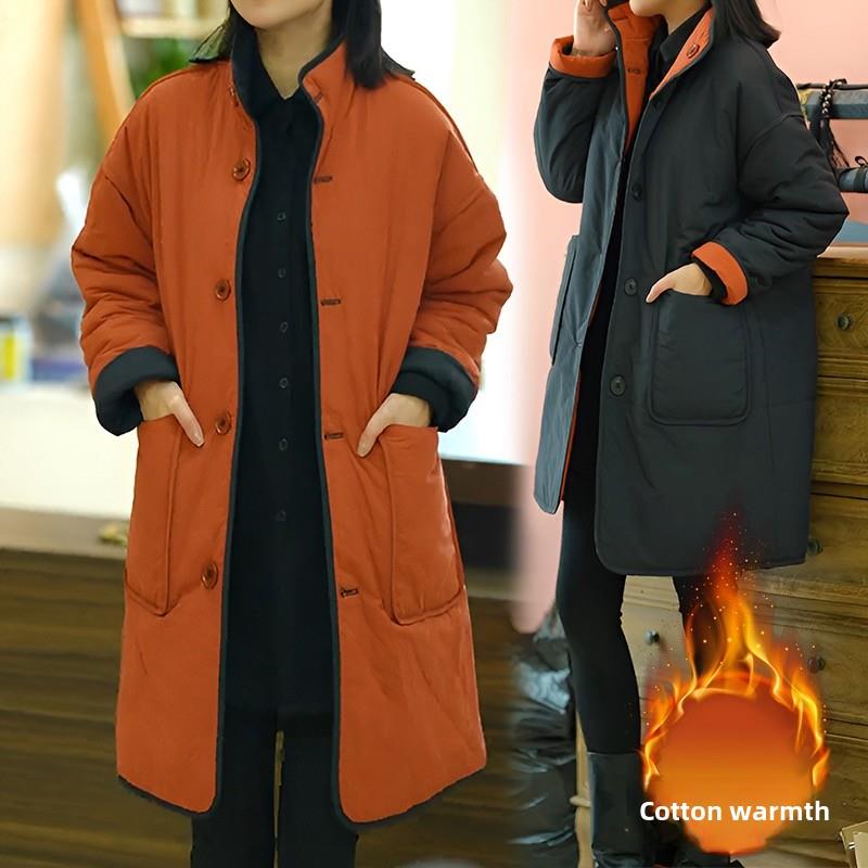两面穿加棉保暖棉服女秋冬简约轻奢百搭气质休闲中年中长棉衣外塔