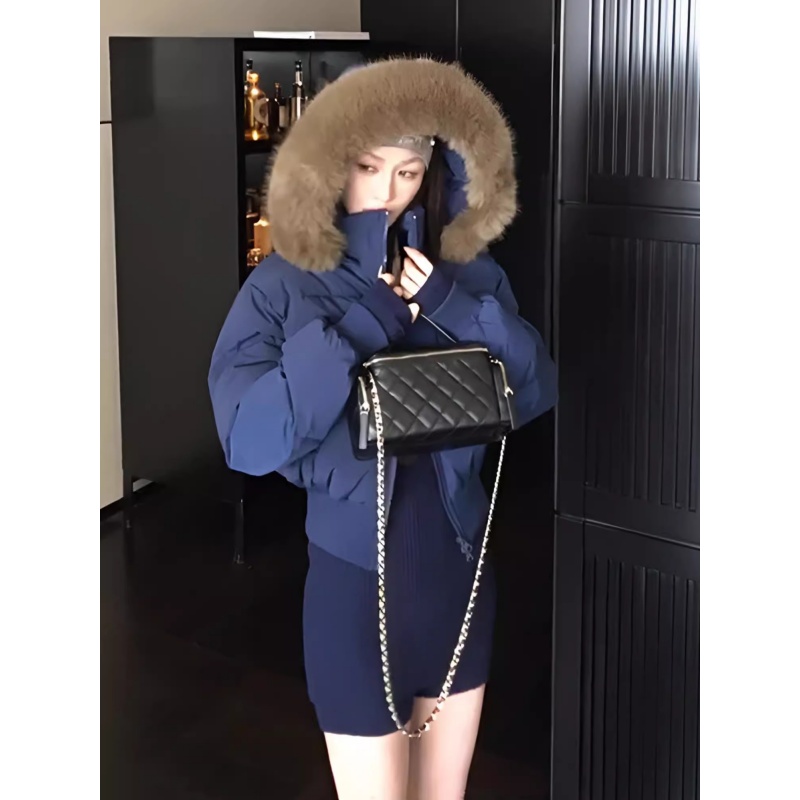 美式复古藏青色冬季毛领连帽棉服收腰加厚保暖短款面包服外套