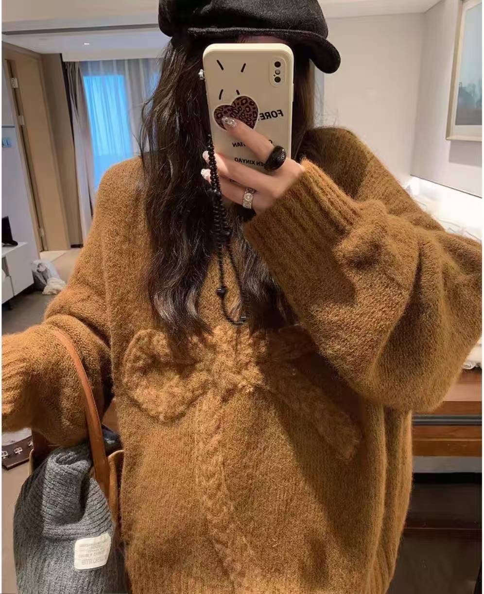蝴蝶结毛衣女针织衫秋冬宽松慵懒圆领套头加厚上衣
