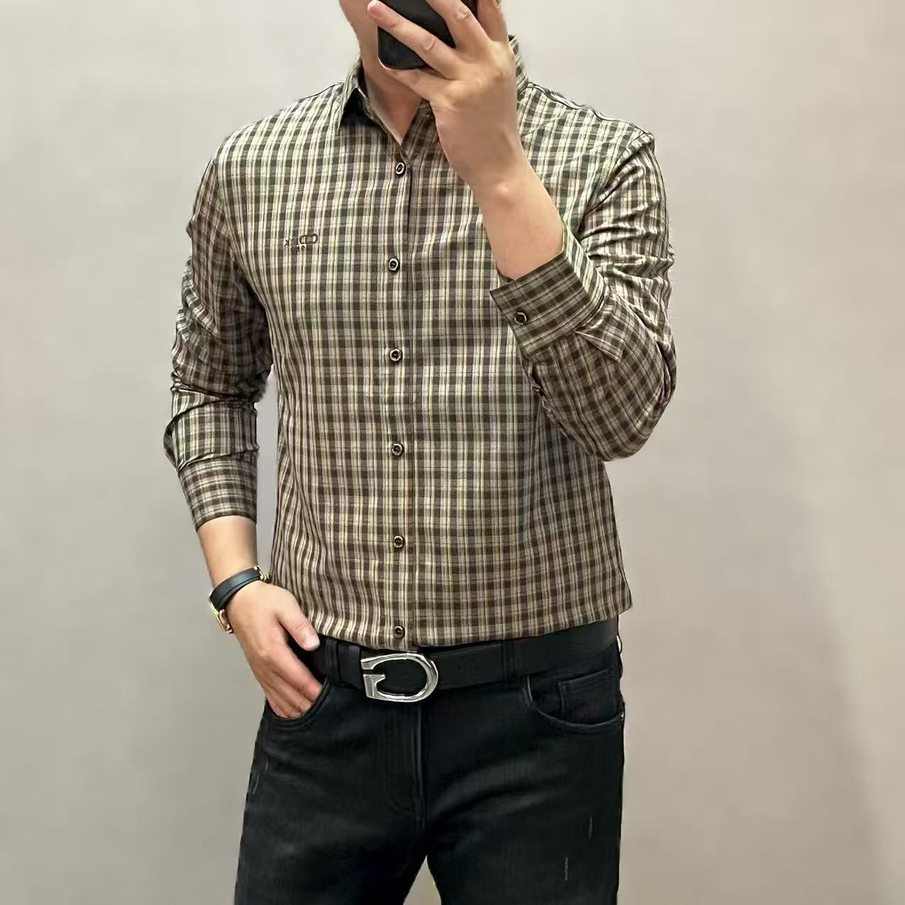 新款高端男士轻奢时尚格纹长袖衬衫20172