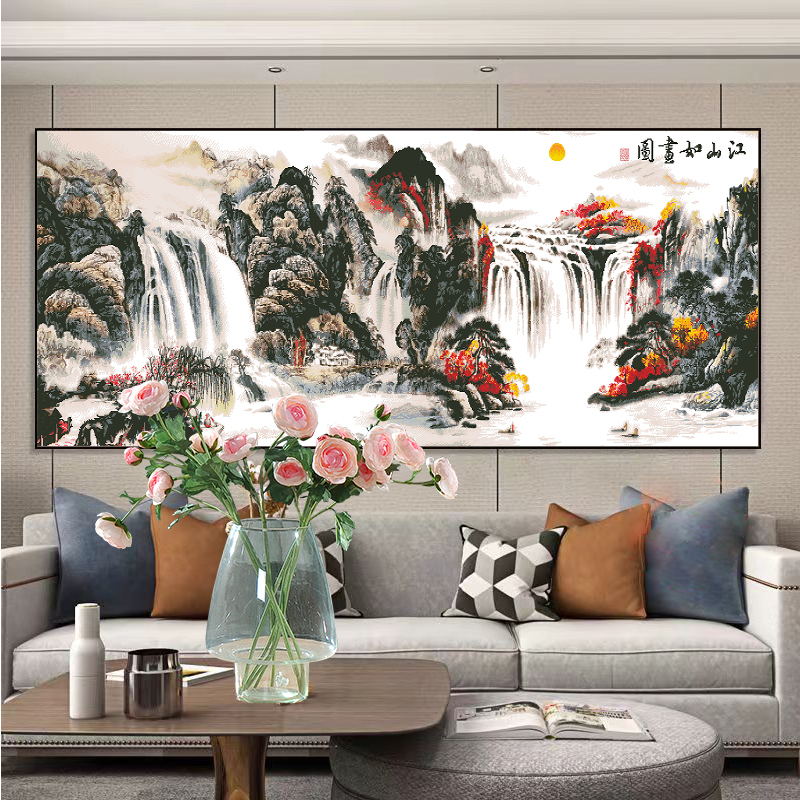 新款满绣十字绣山水风景画江山如画线绣客厅书房大气背景手工刺绣