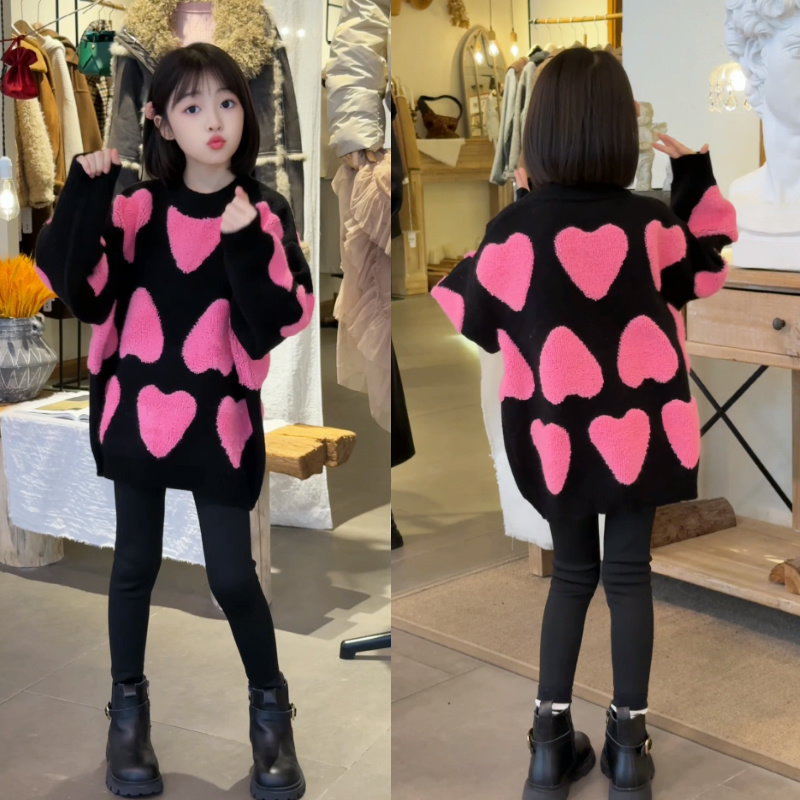 女童秋冬爱心毛衣2025新款儿童套头毛线衣韩版女孩针织打底衫洋气