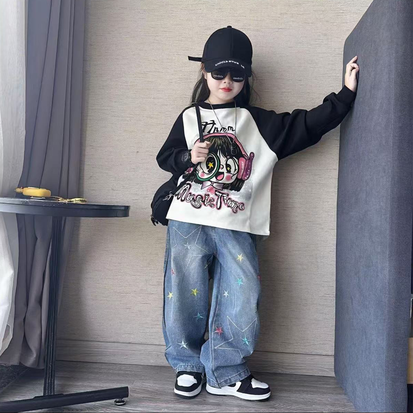 女童秋装拼色卫衣套装2025秋季新款儿童印花上衣宽松牛仔裤两件套