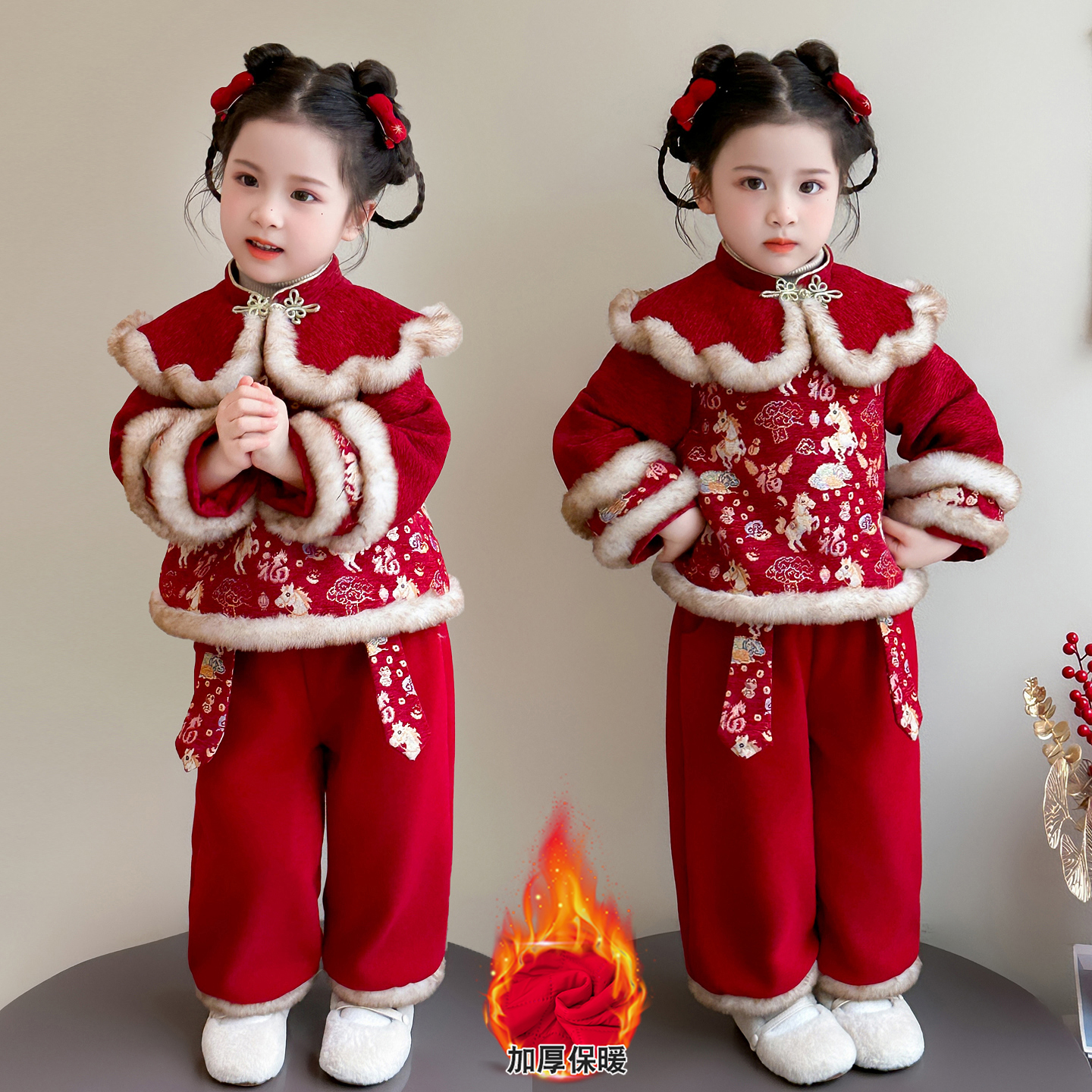 洋气时髦女童冬季唐装套装红色加绒加厚秋冬小女孩新年衣服拜年服