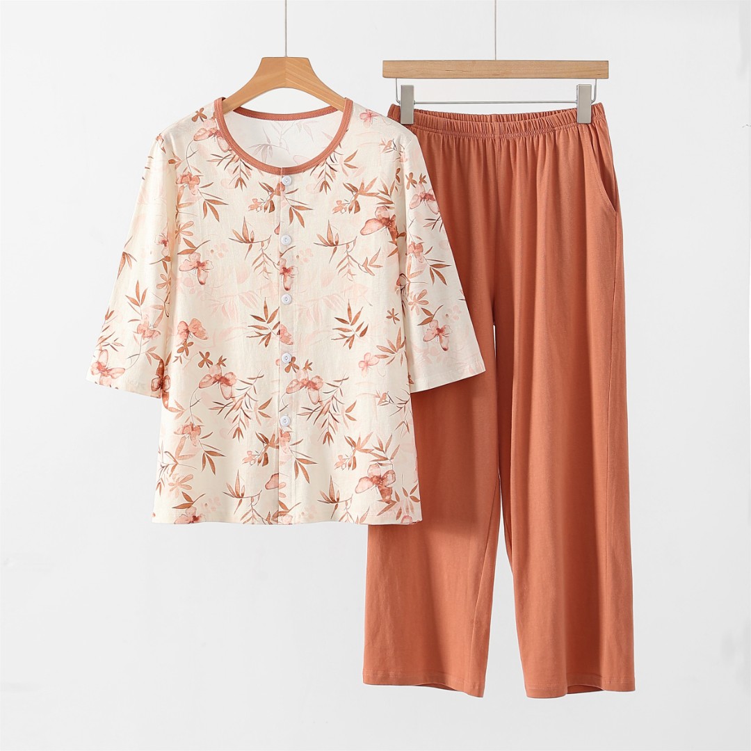 【七分袖九分裤套装】纯棉宽松睡裤妈妈睡衣中老年家居服夏款薄款
