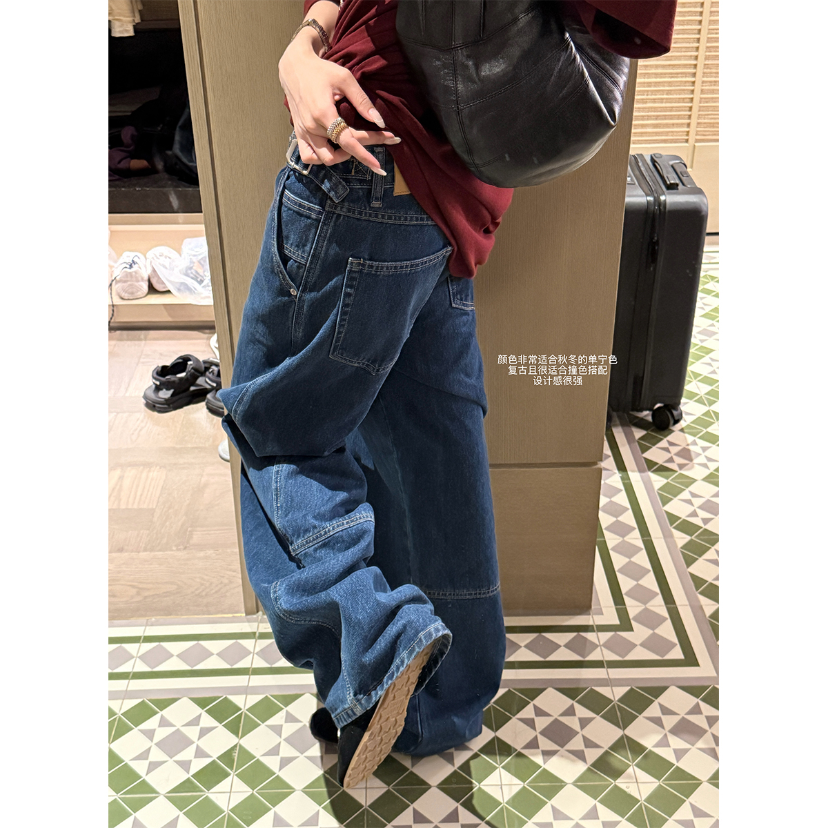 VUMP 设计感复古蓝丹宁重工宽松显瘦拖地休闲阔腿牛仔裤女春秋季