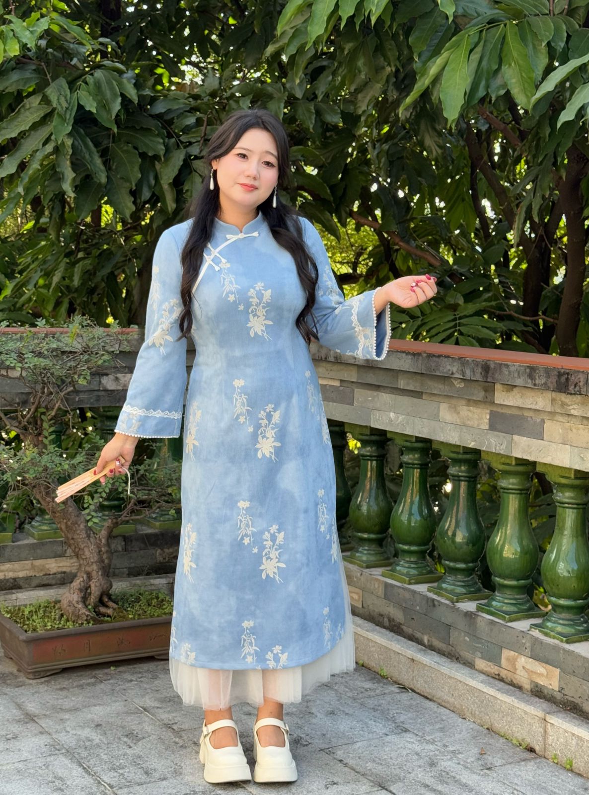 码加加51920胖MM2025秋新款鹿皮绒素雅新中式淑女日常旗袍连衣裙