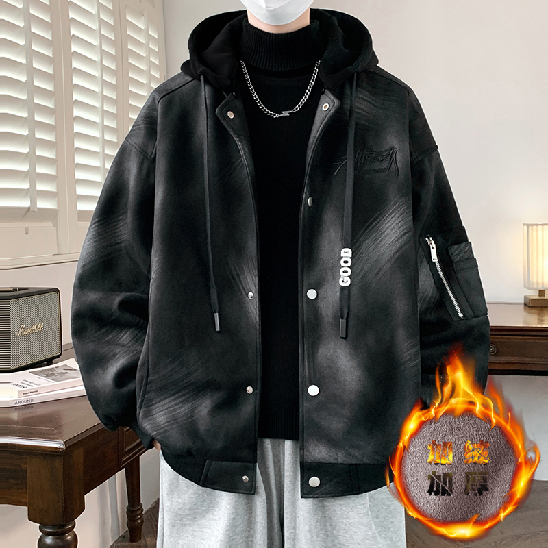 高品质加绒外套男青少年秋冬季设计感派克服棉衣男生加厚保暖夹克